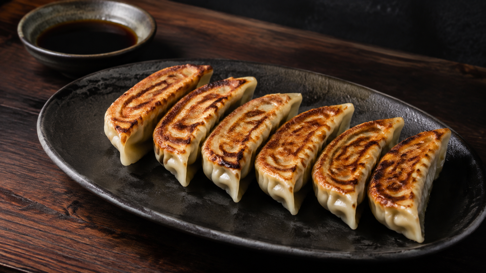 黒い皿に香ばしく焼いた餃子を並べたAI生成イメージ