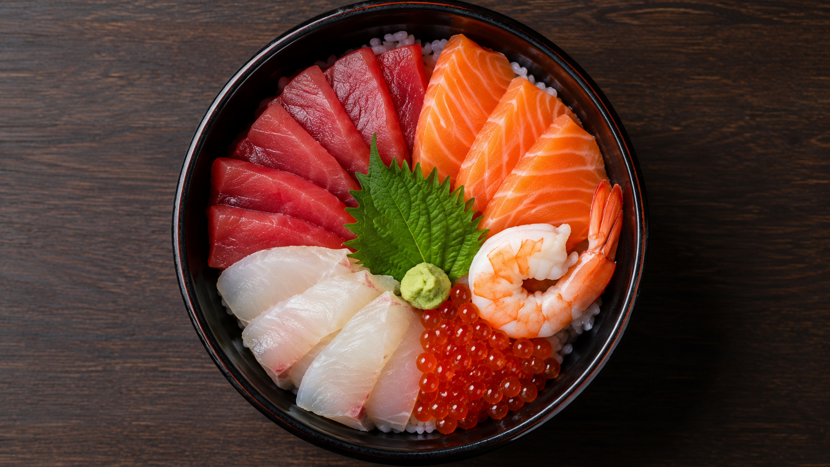 黒い丼のご飯に鮪、サーモン、いくら、海老を盛った海鮮丼のAI生成イメージ