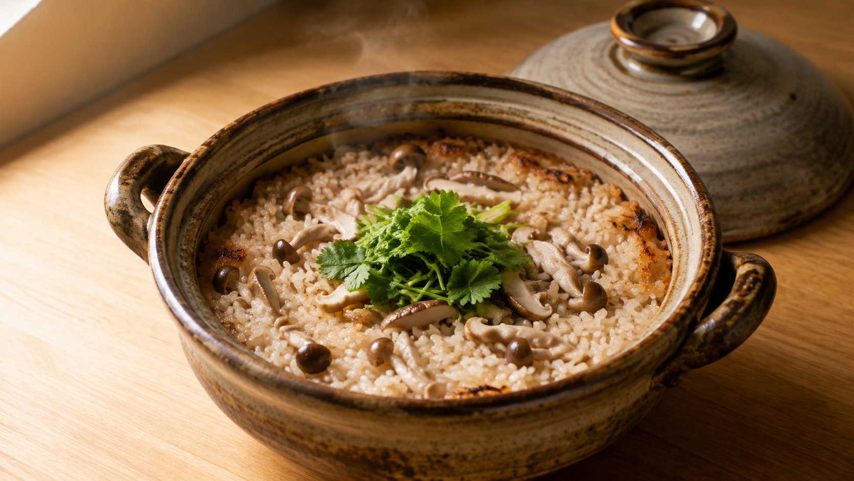 土鍋にきのこと青菜を添えた炊き込みご飯のAI生成イメージ