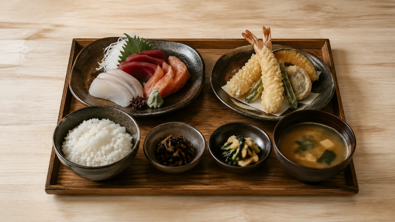 木の盆に刺身、天ぷら、ご飯、味噌汁と小鉢を並べた和食御膳のAI生成イメージ