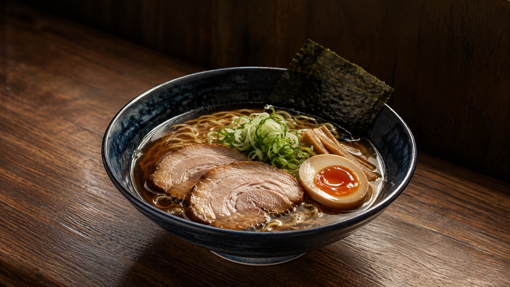 濃紺の器に盛られた、チャーシューと半熟卵入りの醤油ラーメンのAI生成イメージ