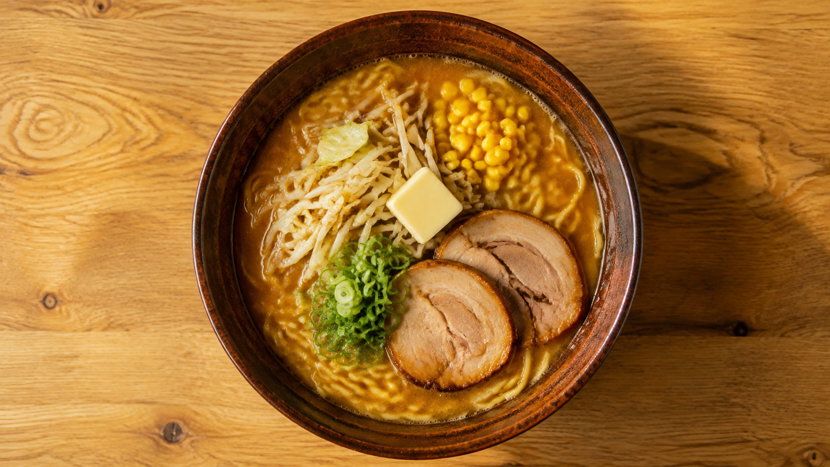 コーンとバター、チャーシューを添えた味噌ラーメンを真上から見たAI生成イメージ