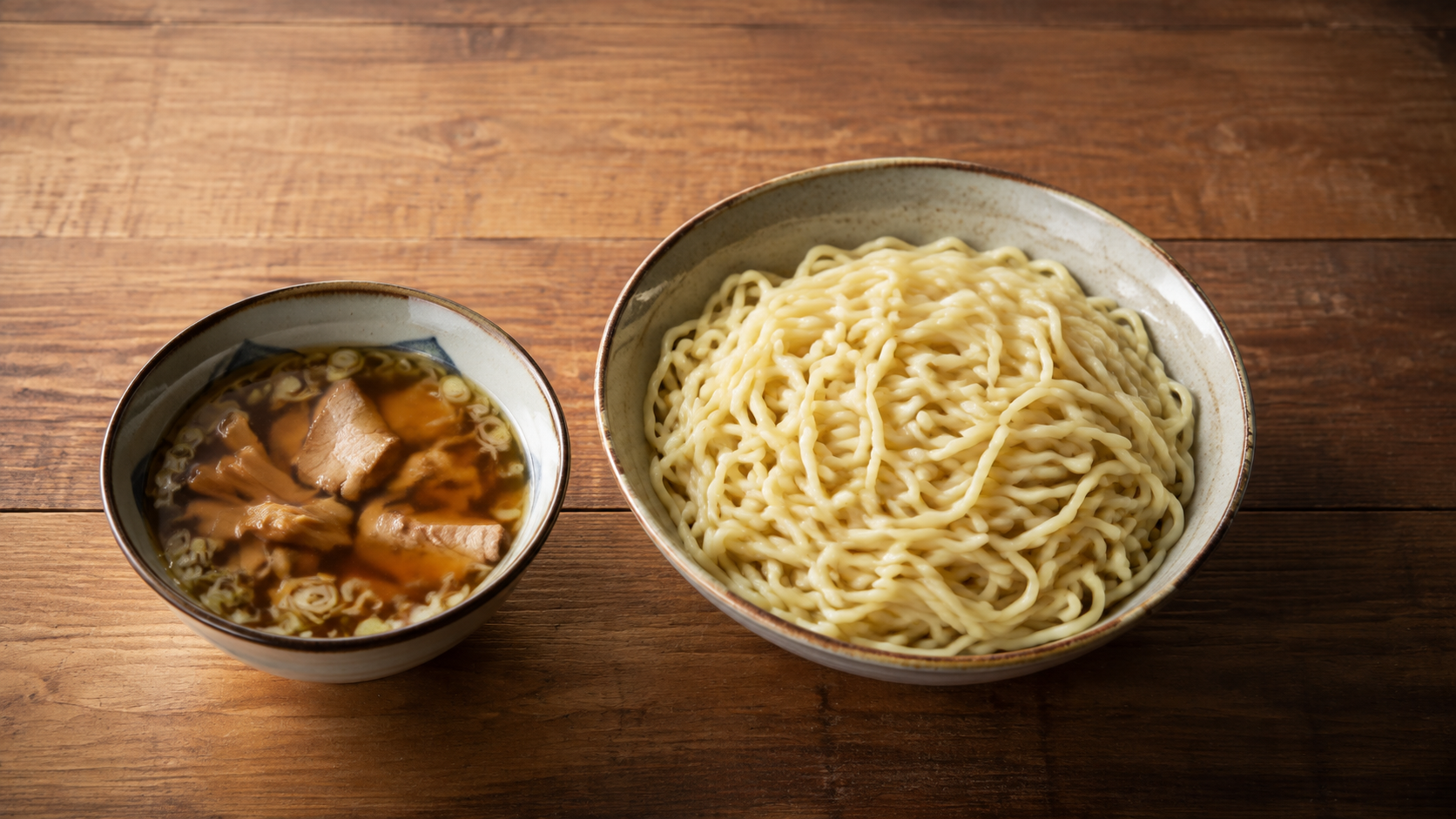 具を載せない淡黄色の中太中華麺と、ねぎや豚肉を入れた澄んだつけ汁のAI生成イメージ