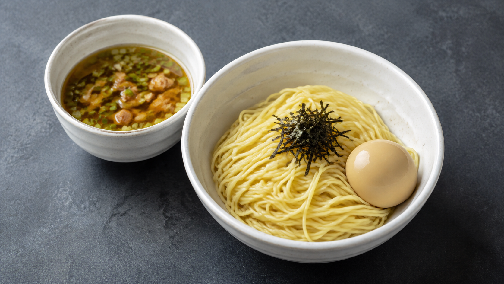 白い器の細い中華麺に刻み海苔と切らない丸い味玉を添えたつけ麺のAI生成イメージ