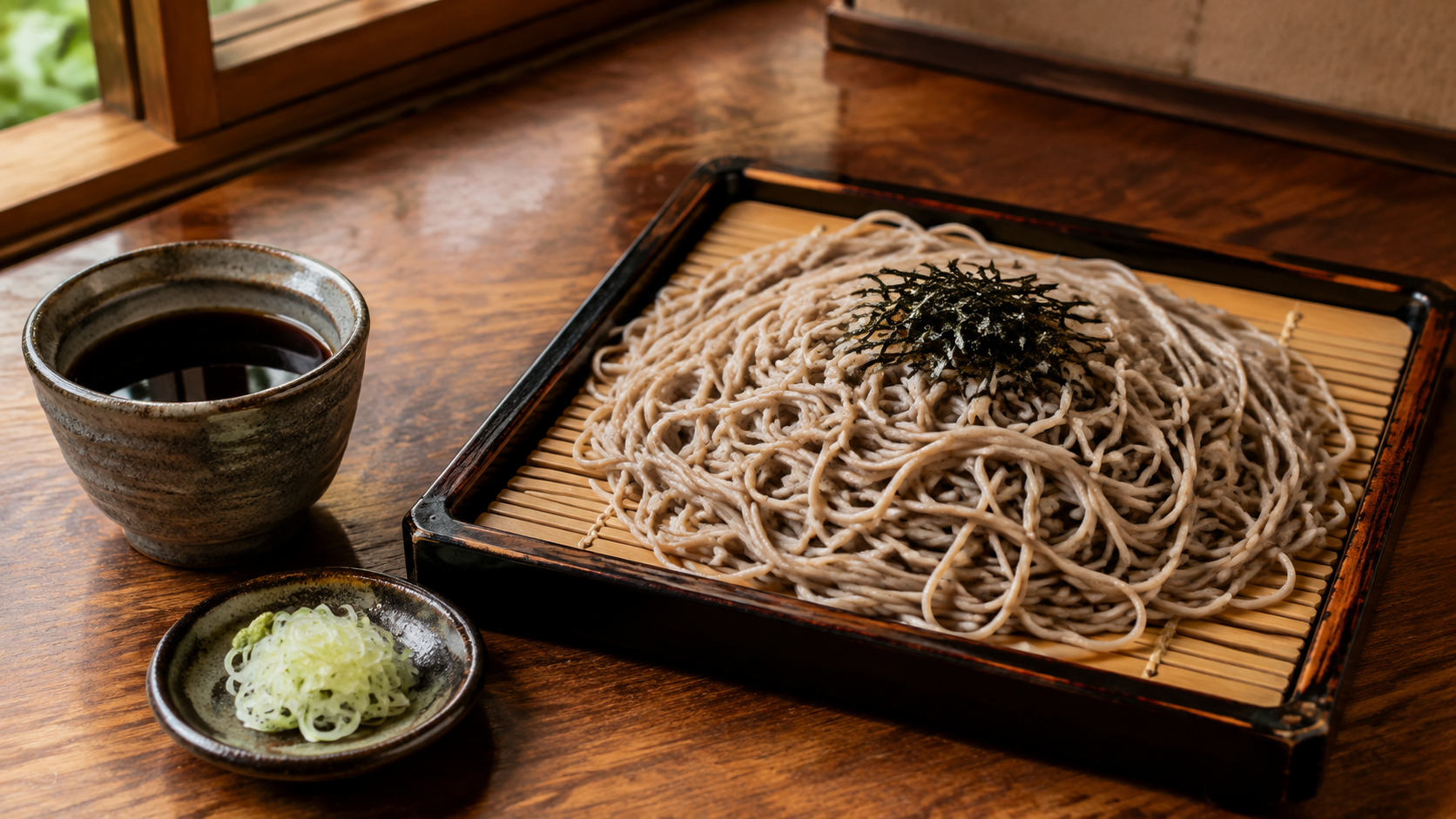 竹せいろのざる蕎麦に刻み海苔をのせ、つゆと薬味を添えたAI生成イメージ