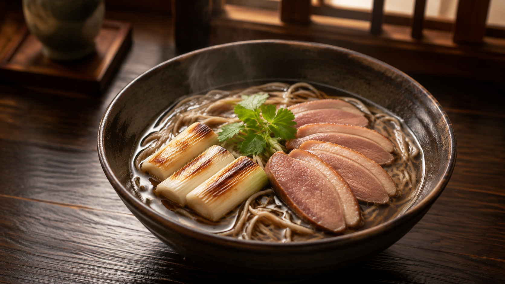 鴨肉と焼きねぎを澄んだつゆに添えた鴨南蛮蕎麦のAI生成イメージ
