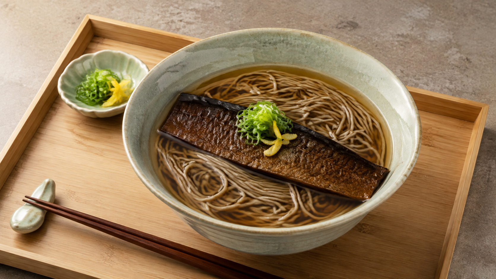 にしんの甘露煮と青ねぎをのせた温かい蕎麦のAI生成イメージ