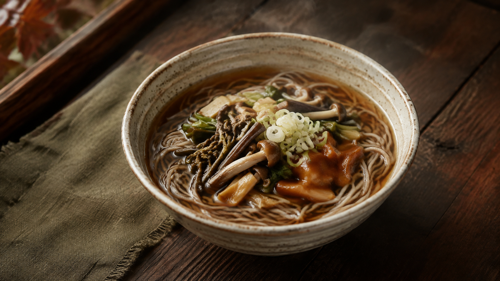 山菜としめじ、なめこを添えた温かい蕎麦のAI生成イメージ