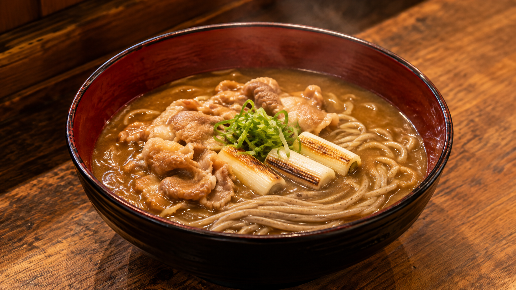 豚肉と長ねぎを煮込んだ出汁カレーの蕎麦のAI生成イメージ