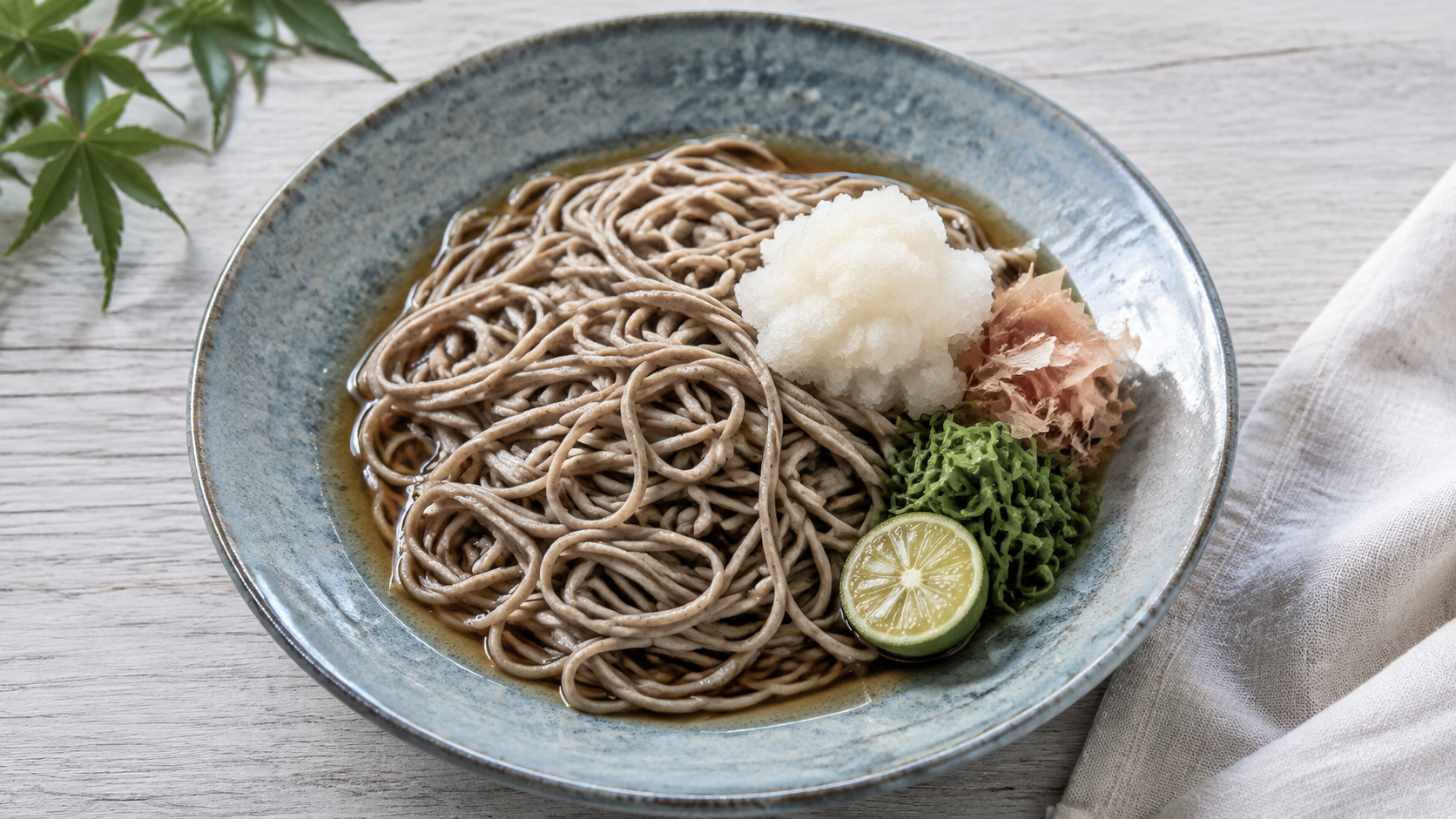 大根おろし、鰹節、青ねぎとすだちを添えた冷たいおろし蕎麦のAI生成イメージ