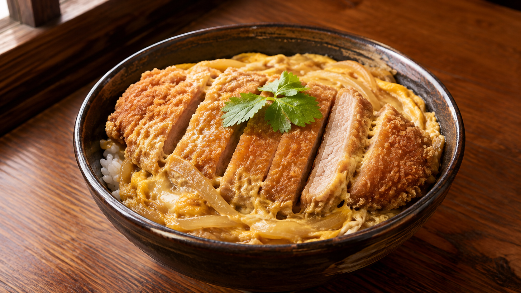 厚切りの豚カツを出汁卵でとじ、三つ葉を添えた蕎麦屋のカツ丼のAI生成イメージ