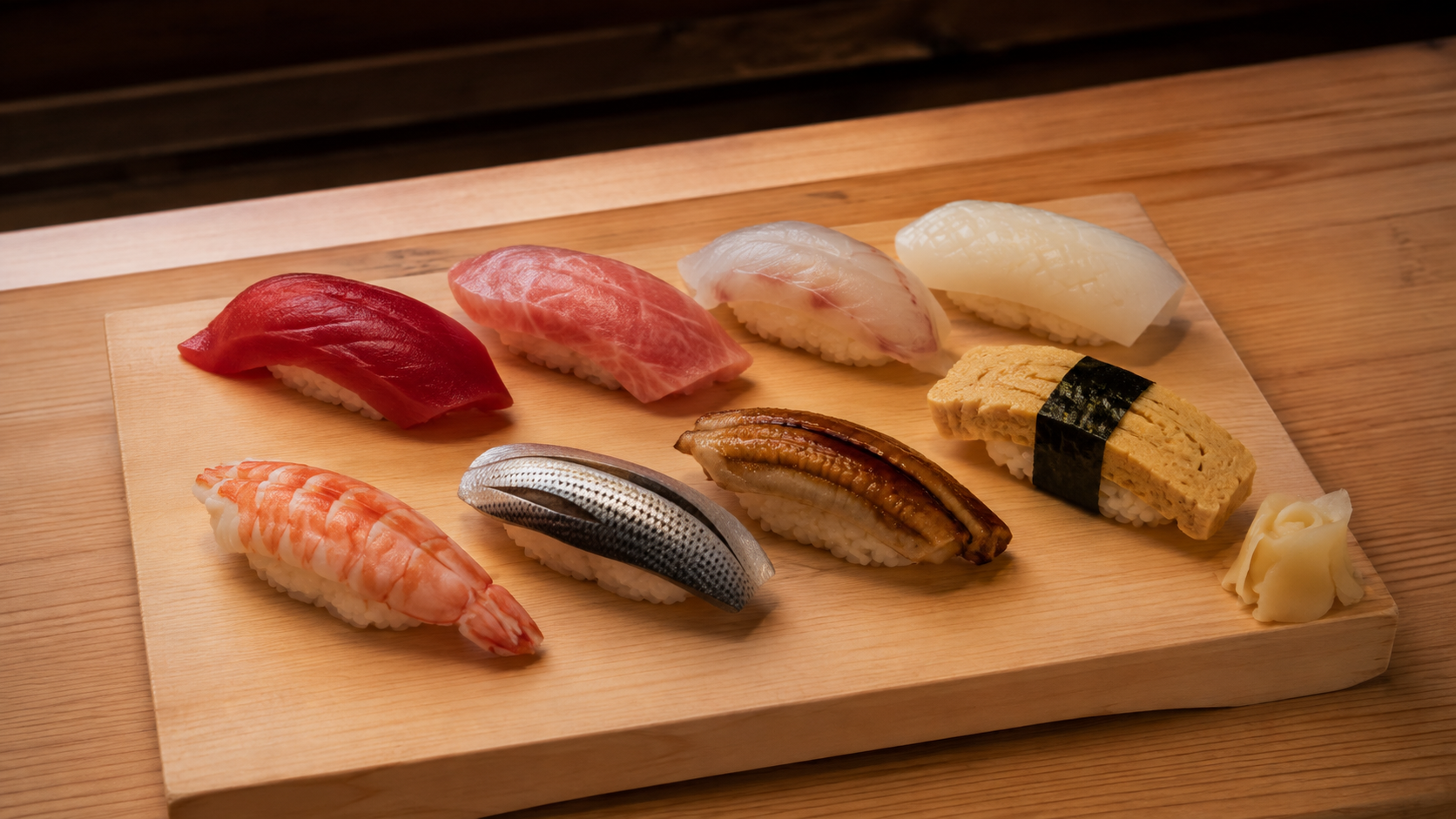 檜の台に鮪、白身魚、海老、光り物、穴子、卵などの握りを並べたAI生成イメージ