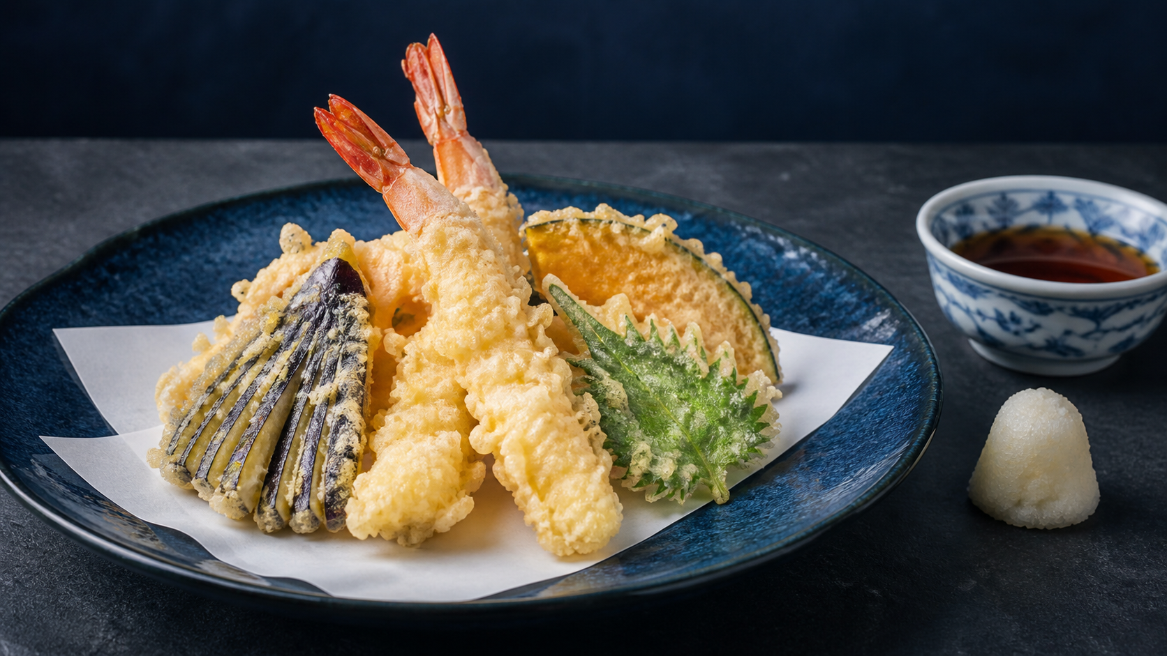 海老と季節野菜の天ぷらを藍色の器に盛ったAI生成イメージ