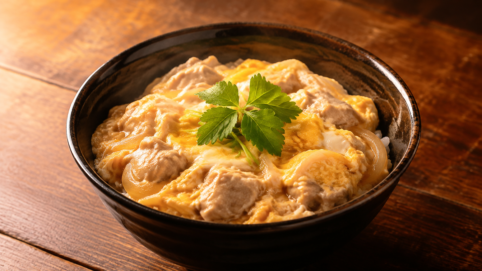 鶏肉と柔らかな卵、三つ葉をのせた親子丼のAI生成イメージ