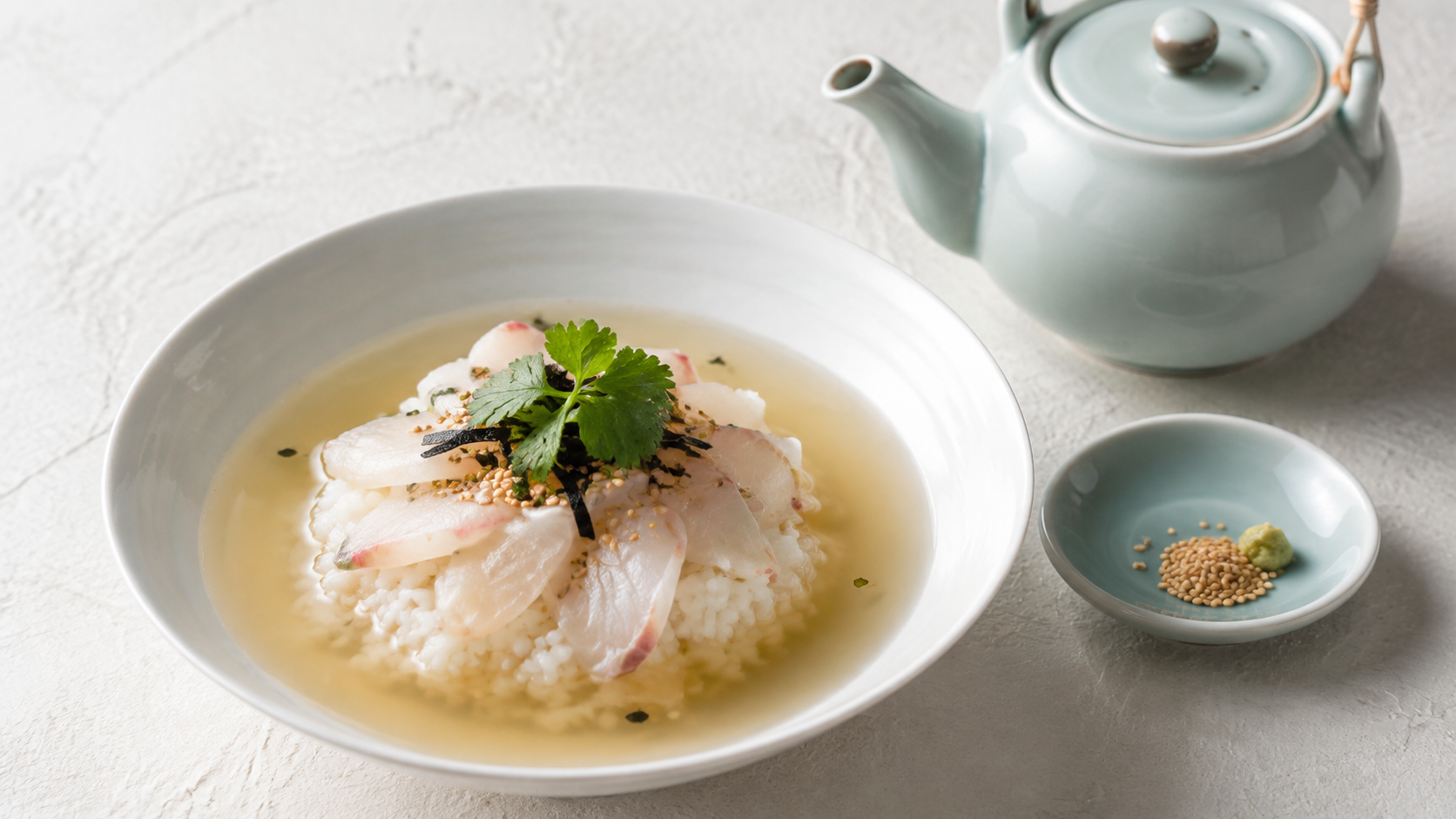 白い器のご飯に鯛、海苔と三つ葉を添え、出汁を張った鯛茶漬けのAI生成イメージ